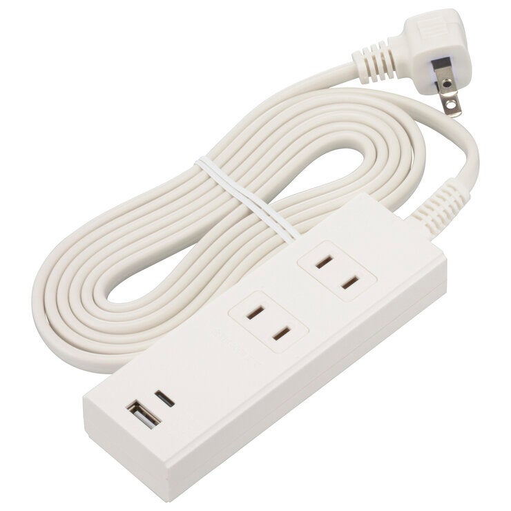 オーム電機 2口 PD対応USBポート付きタップ 　2m ホワイトHS-TU22PD23-W／ブラック HS-TU22PD23-K