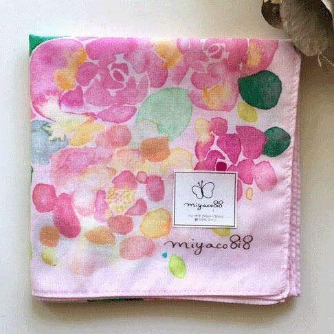 【6／16～価格改定】miyaco スカーフにもなる水彩画 ハンカチ ROSE