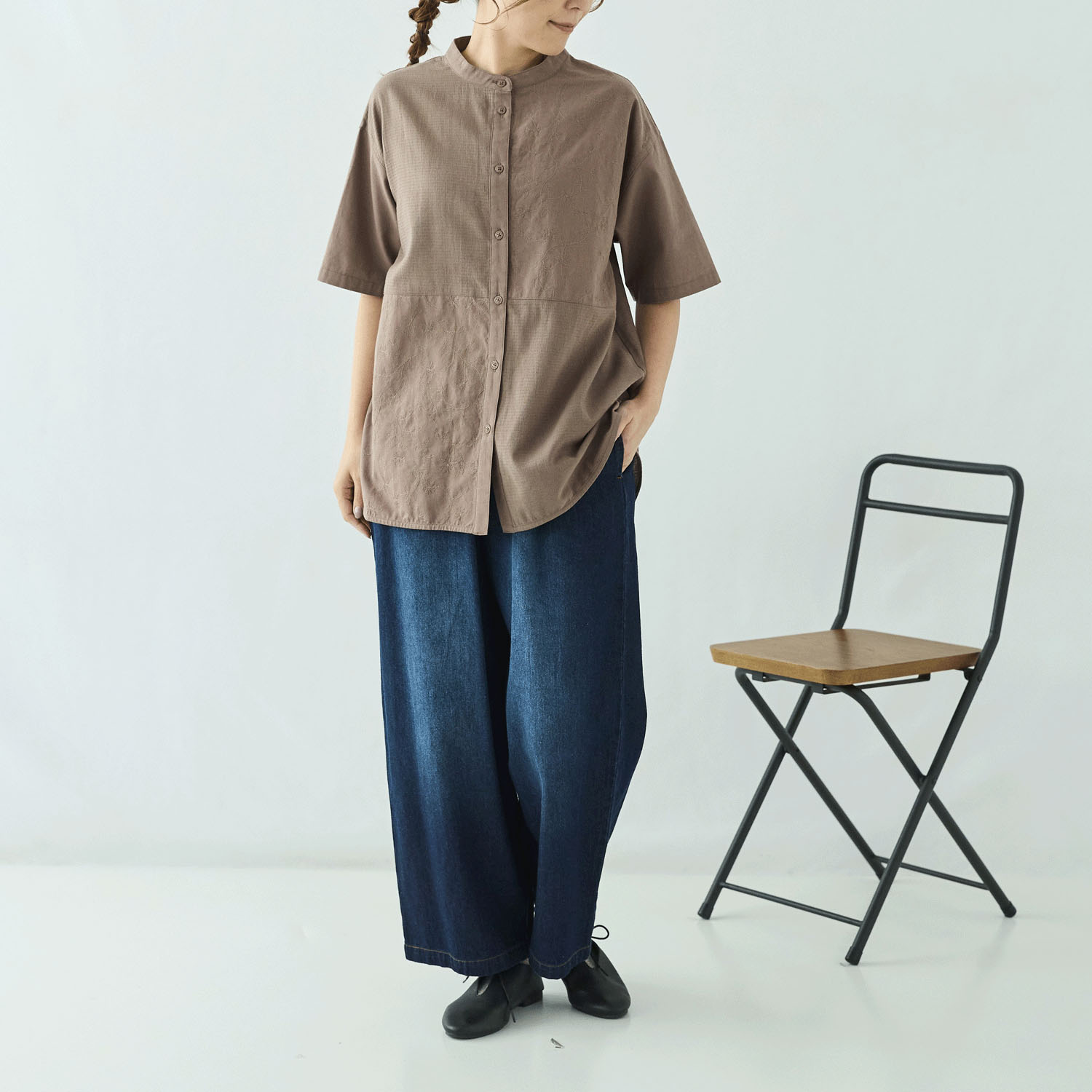 cloudnine ノンノ コットン布帛無地×刺繍×コットンシアー 前開きチュニック