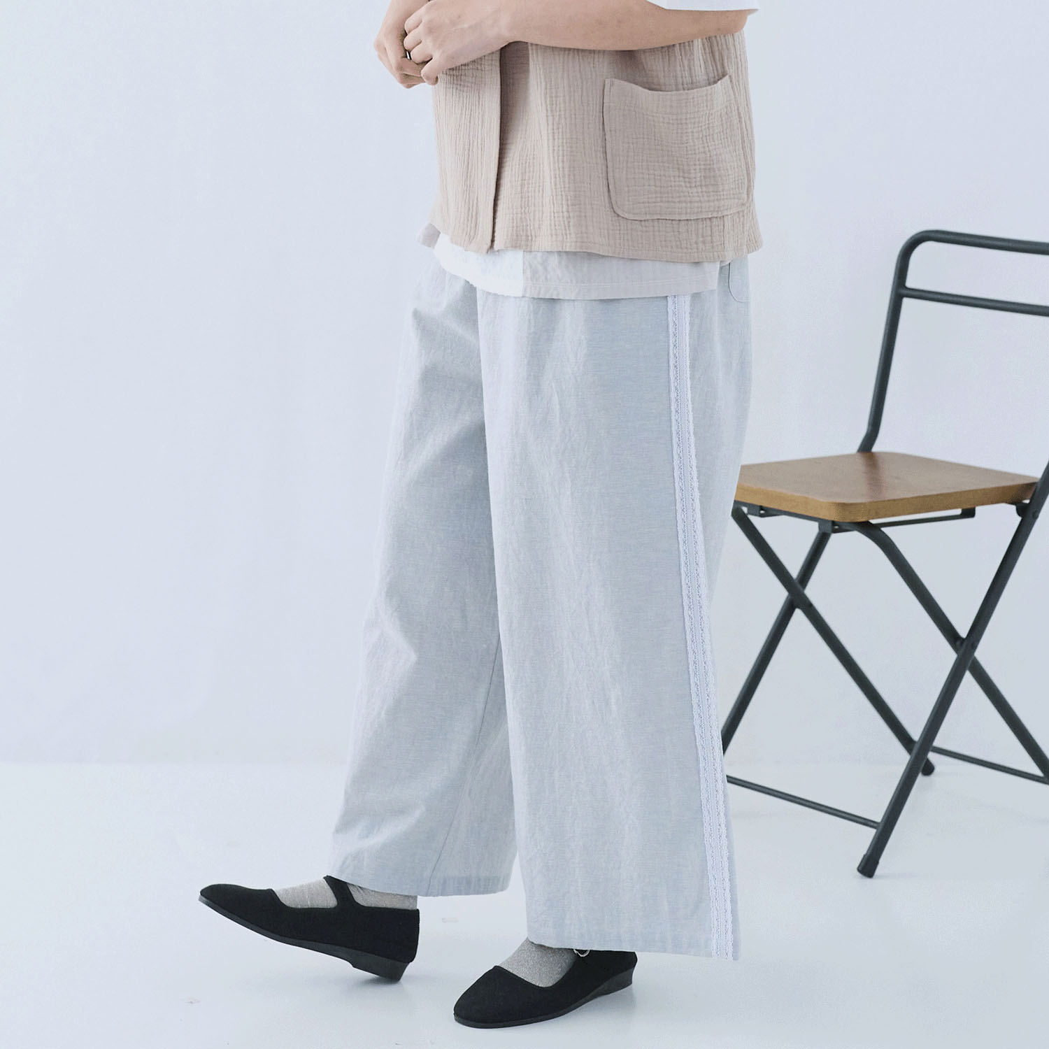 cloudnine ノンノ 先染め綿麻脇レース切替ワイドパンツ