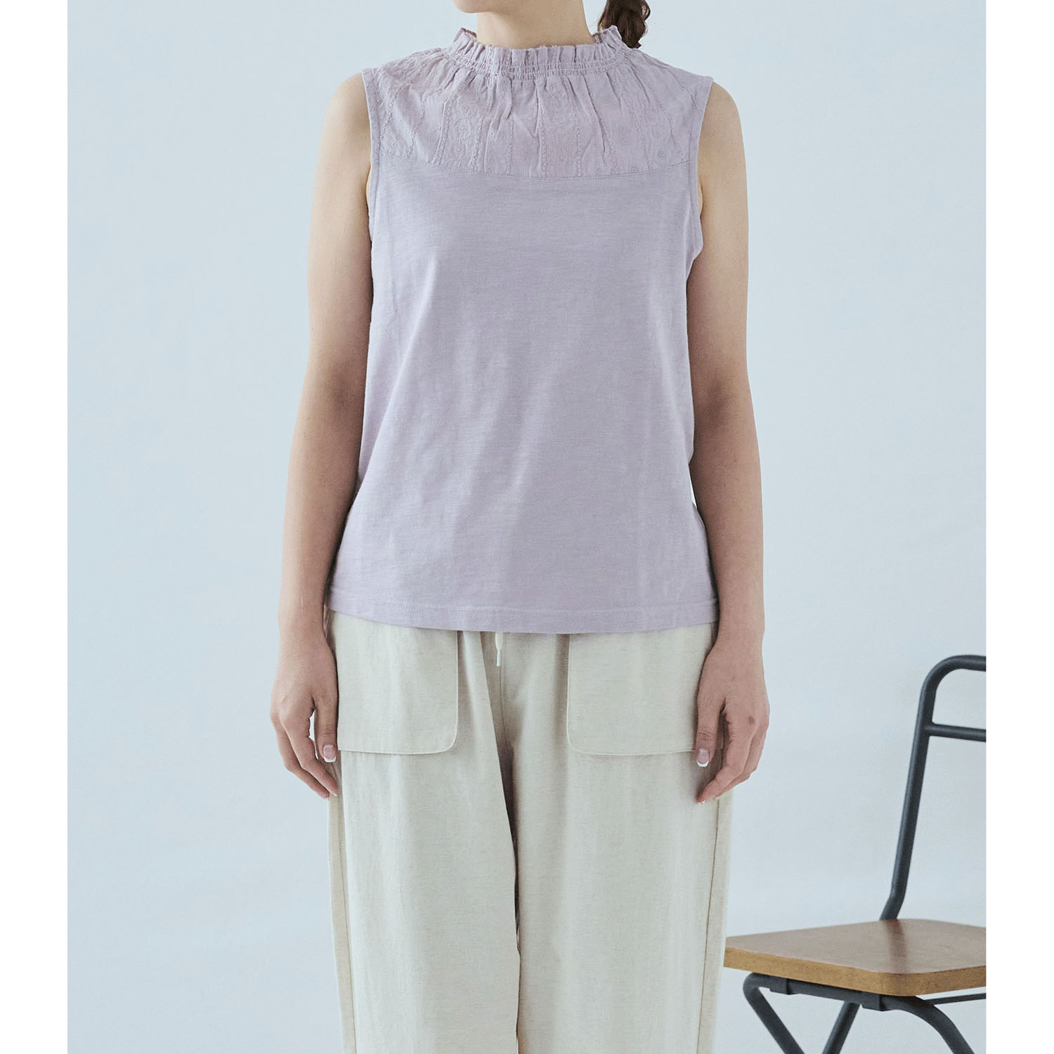 cloudnine 定番SZコットンスラブ天竺×ドビーストライプ刺繍タンクトップ