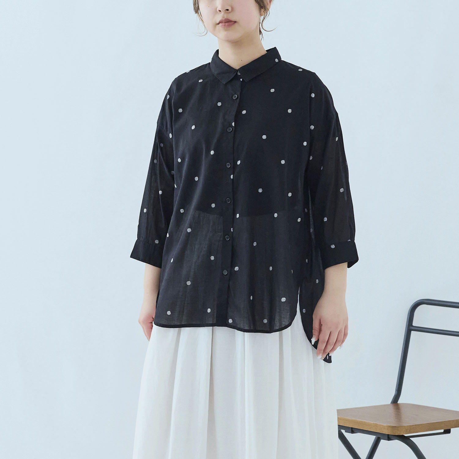 cloudnine ノンノ コットンシアーボイルドットプリントシャツカラーチュニック