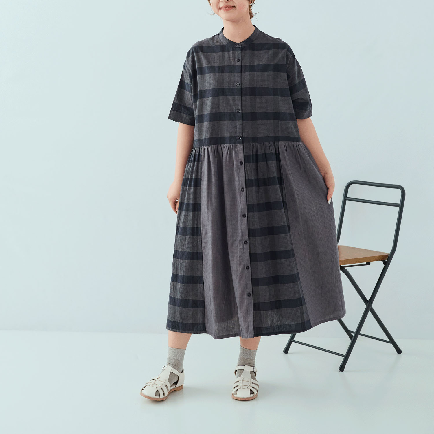 cloudnine ノンノ 先染綿スラブチェック柄×シャンブレー前開きワンピース