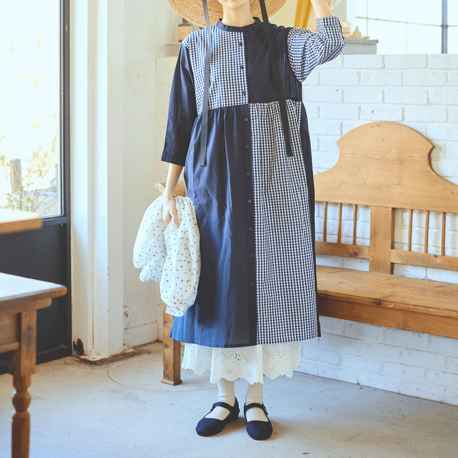 cloudnine ノンノ 先染めコットン布帛 無地×チェック柄 切替コンビワンピース