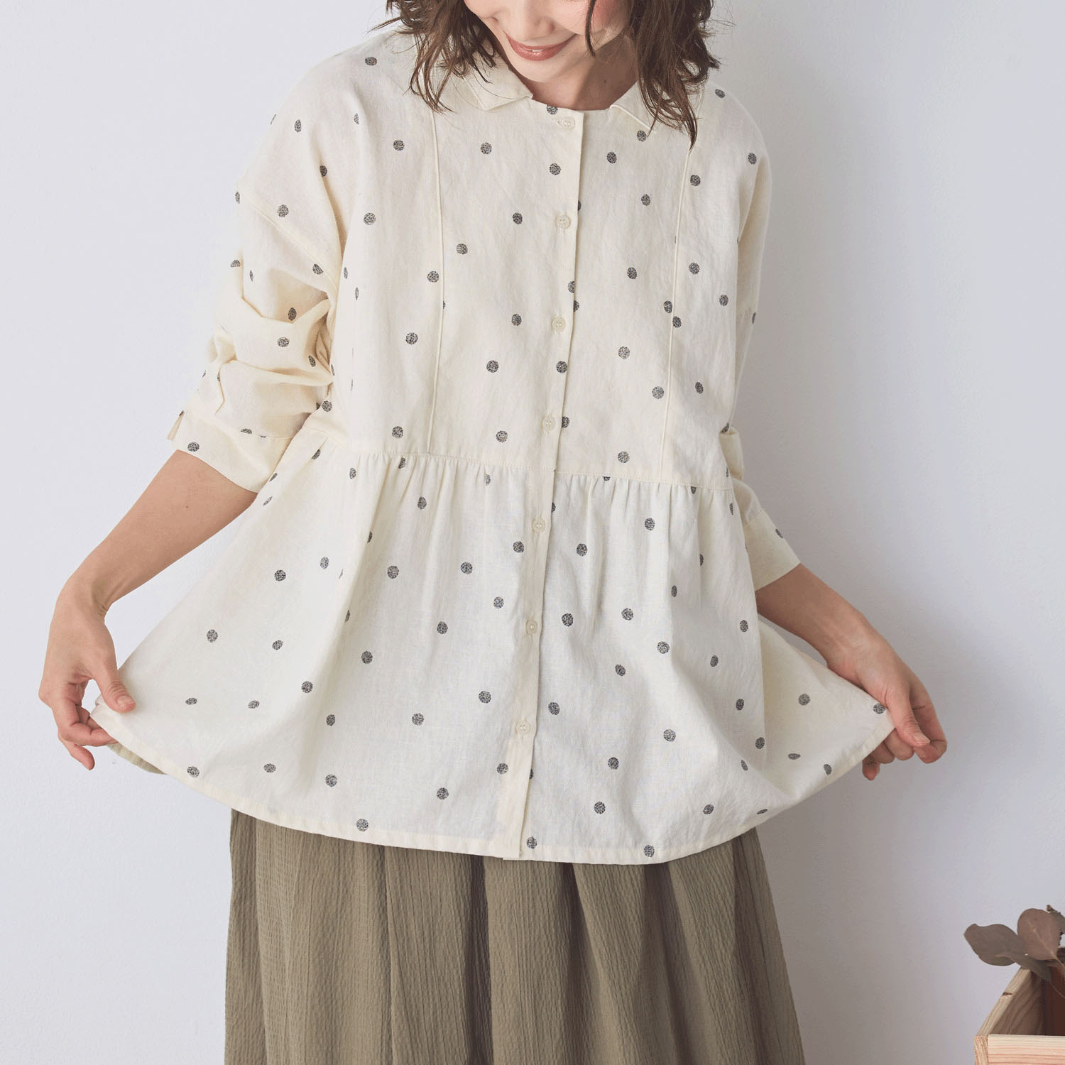 cloudnine ノンノ 麻ドットプリント7分袖ブラウス