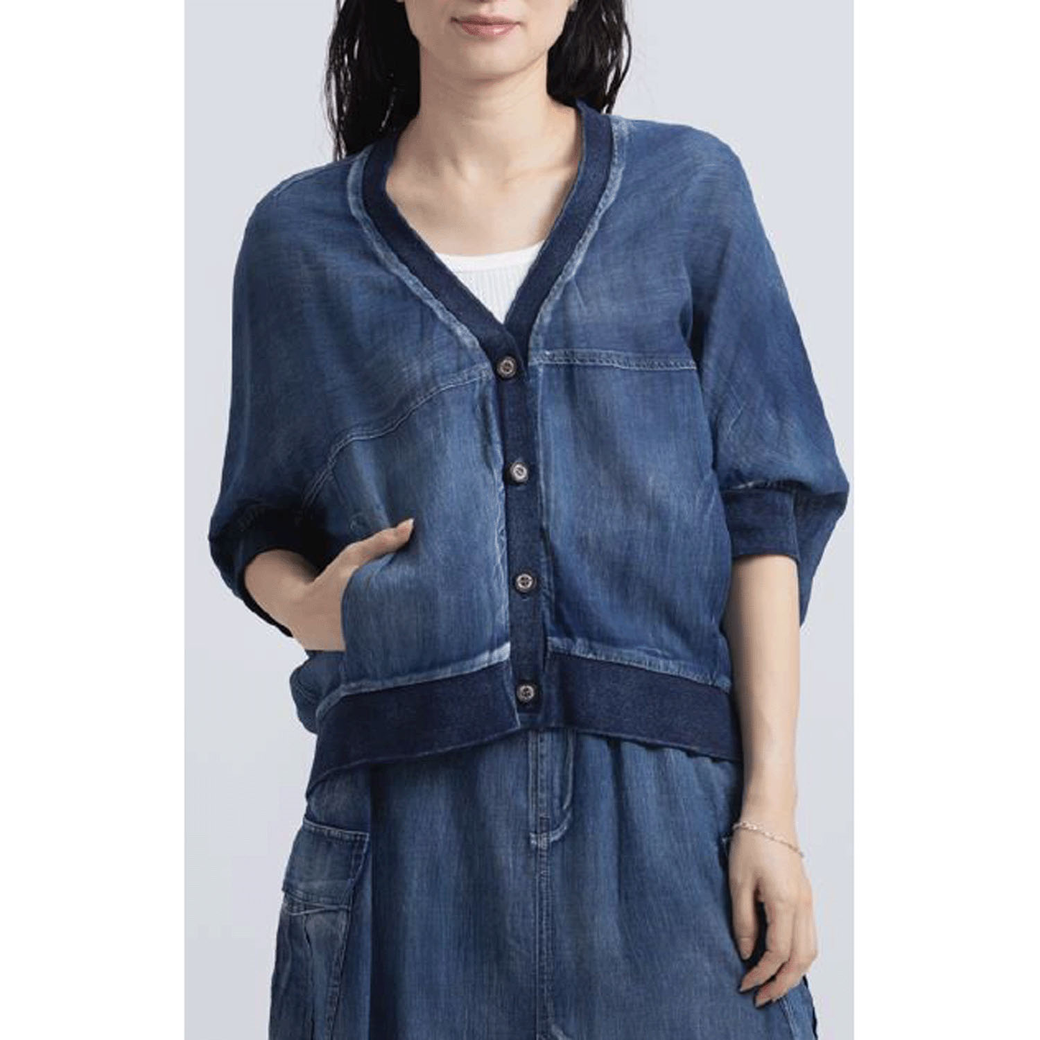 33℃ 綿ガーゼindigo7分袖Vネックカーディガン