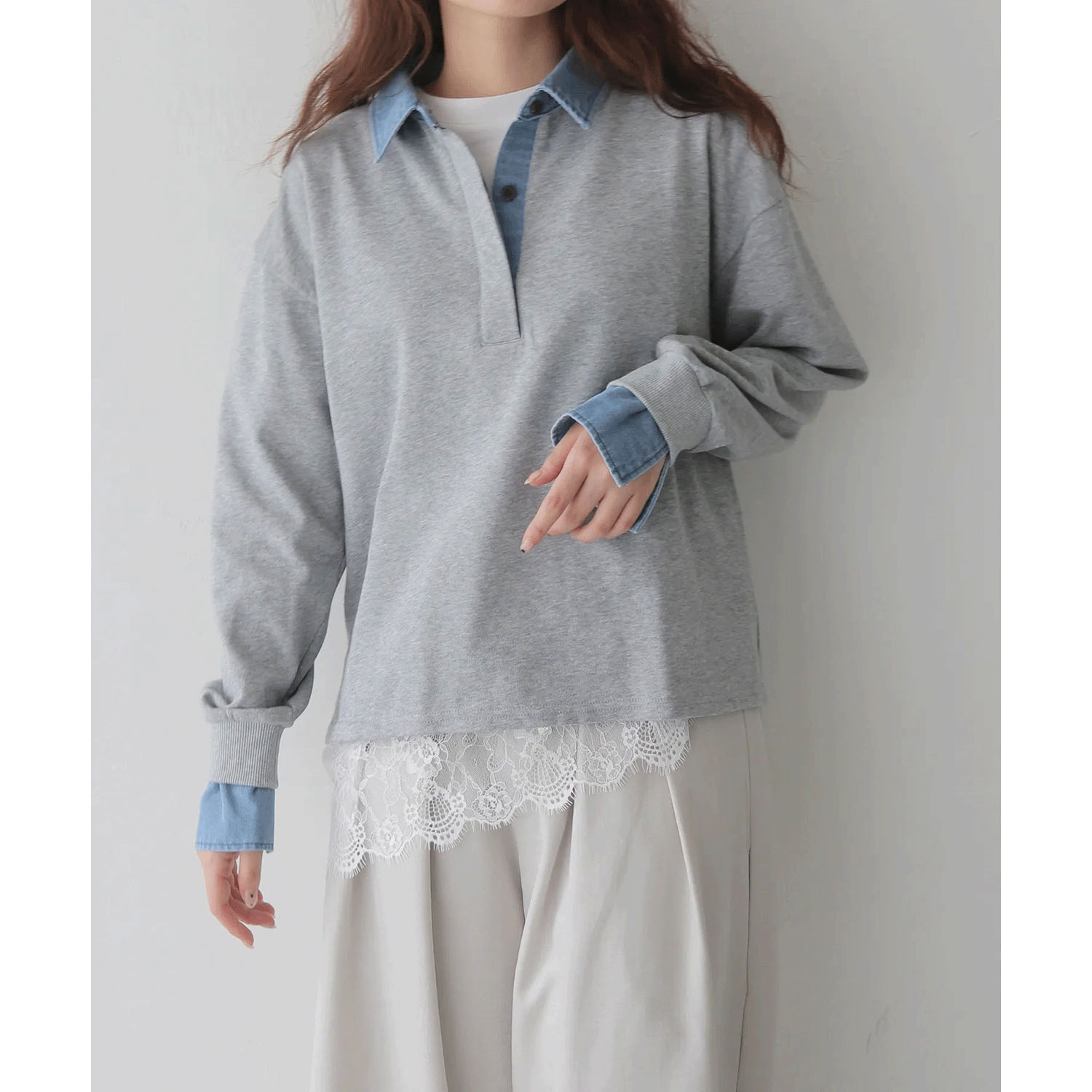 vingtrois デニム衿ドッキングトップス