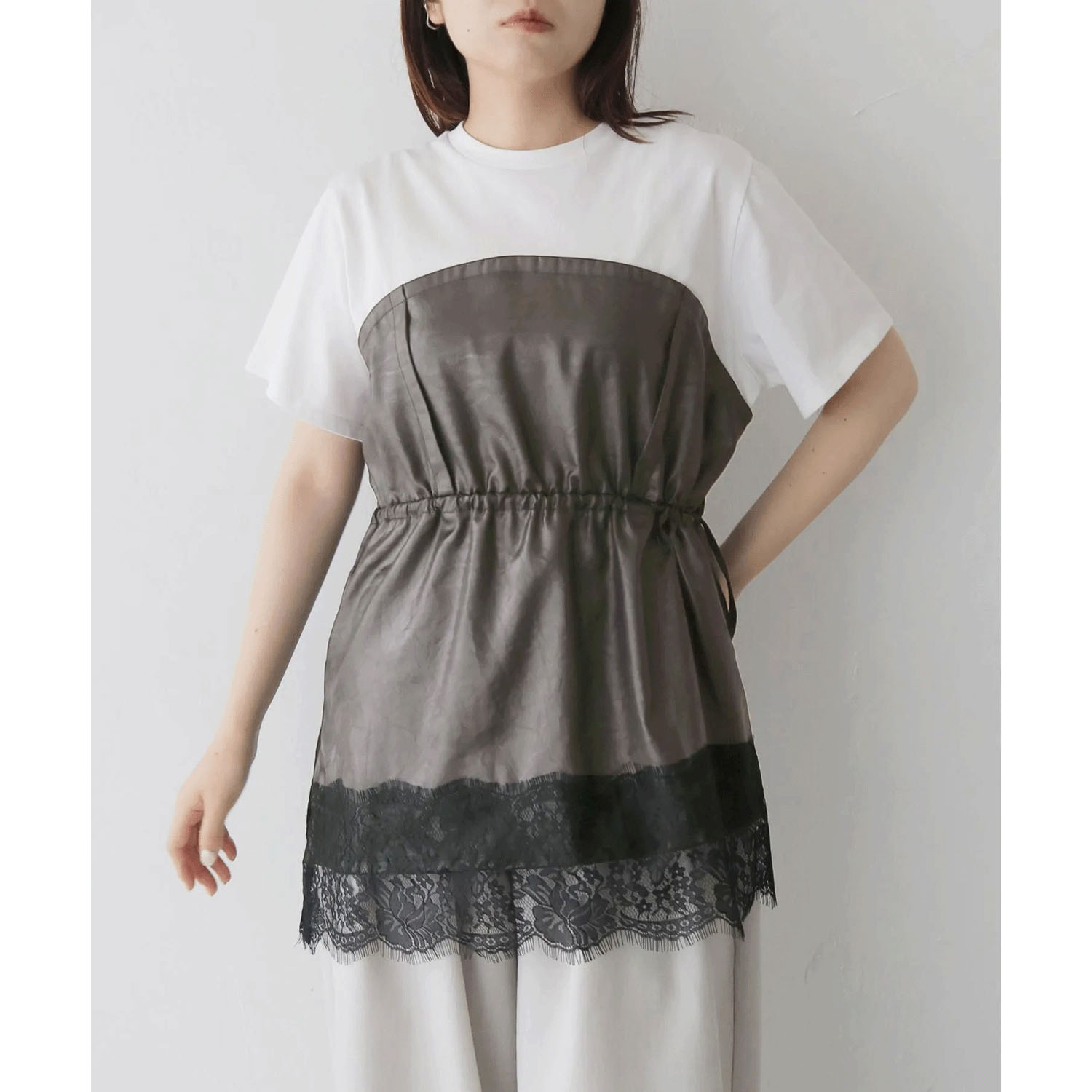 vingtrois ヴィンテージサテンレースドッキングTシャツ