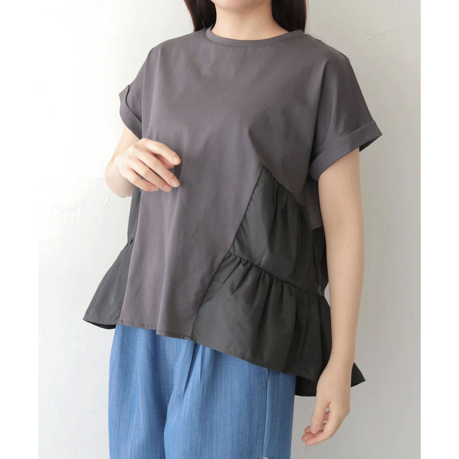 vingtrois ドライタッチコットン異素材ドッキングTシャツ