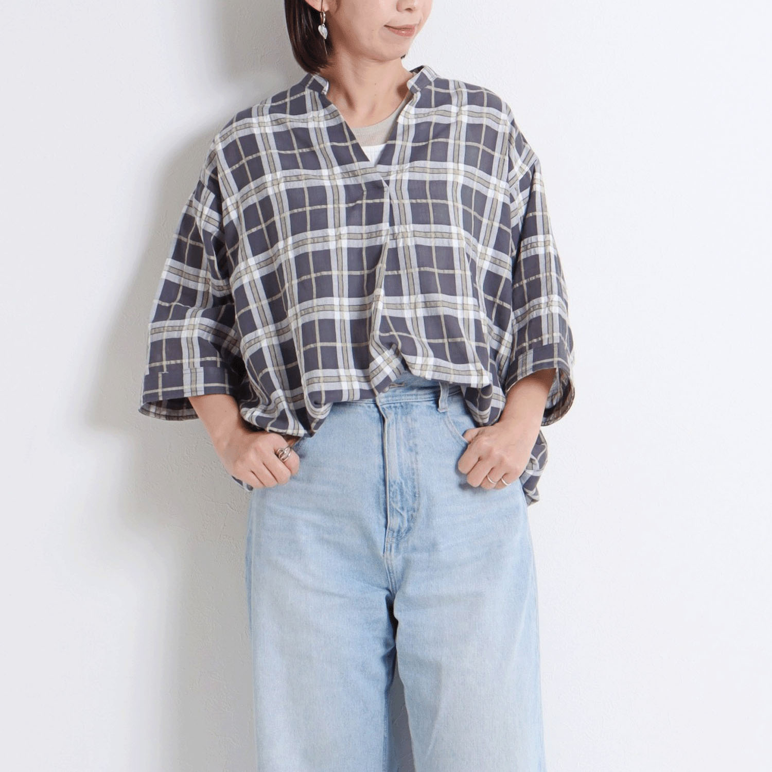 le colis シアーチェック裾タックブラウス
