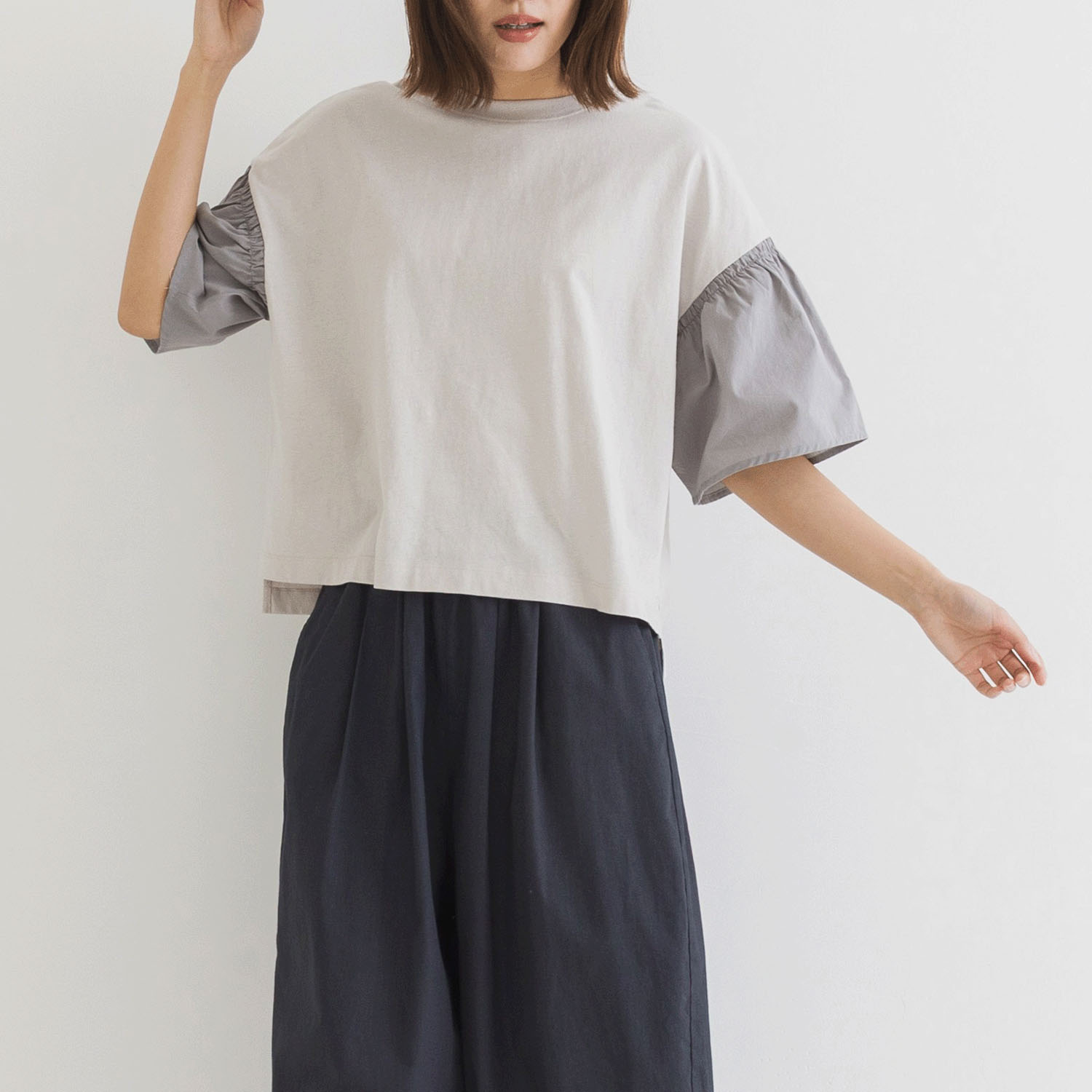 【お取り寄せ】kermu リサイクルコットン異素材ギャザー袖ワイドTシャツ