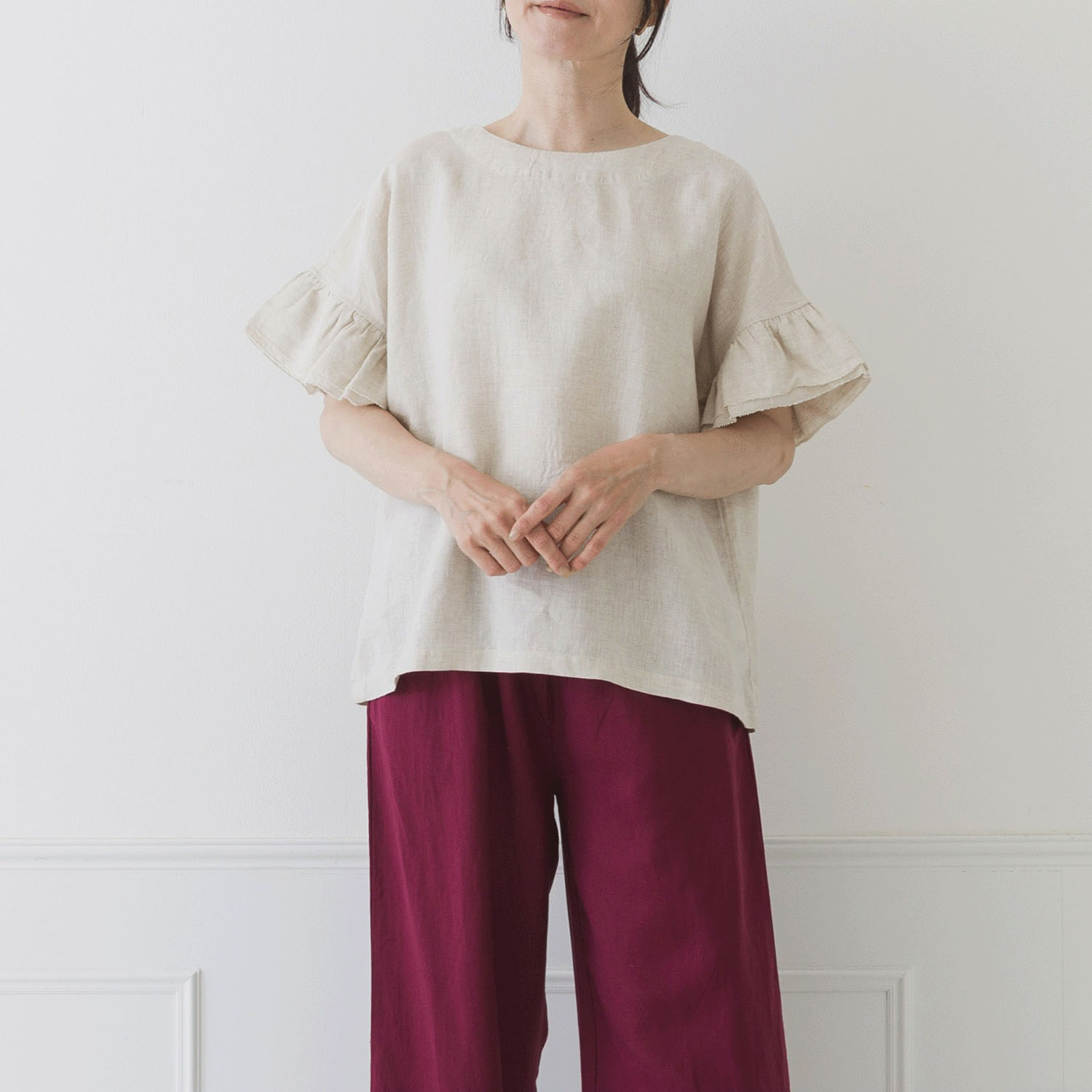【お取り寄せ】Crea delice 14番リネンギャザーフリル袖ワイドブラウス