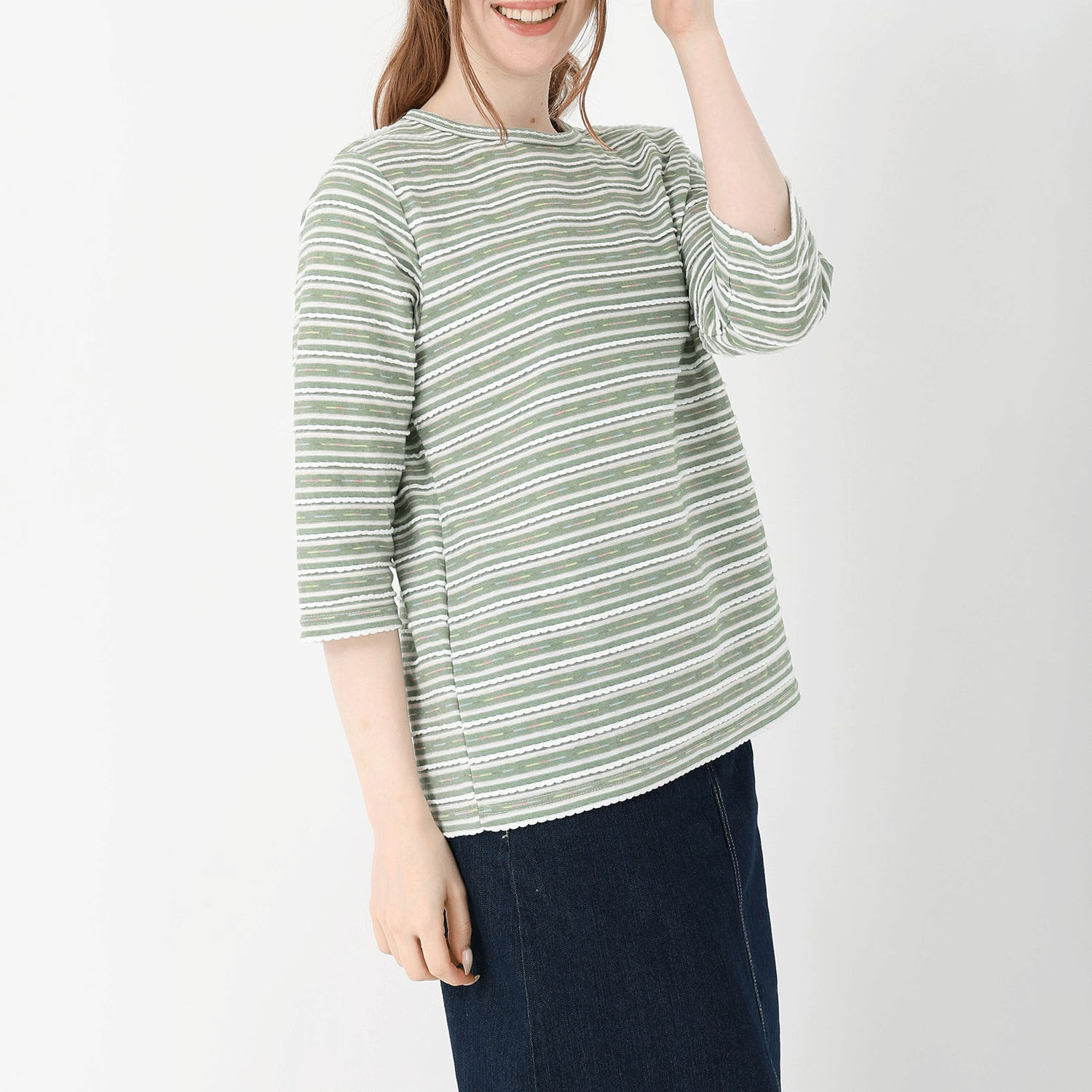 T’BIS STUDIO リップル入りボーダークルーネック七分袖カットソー