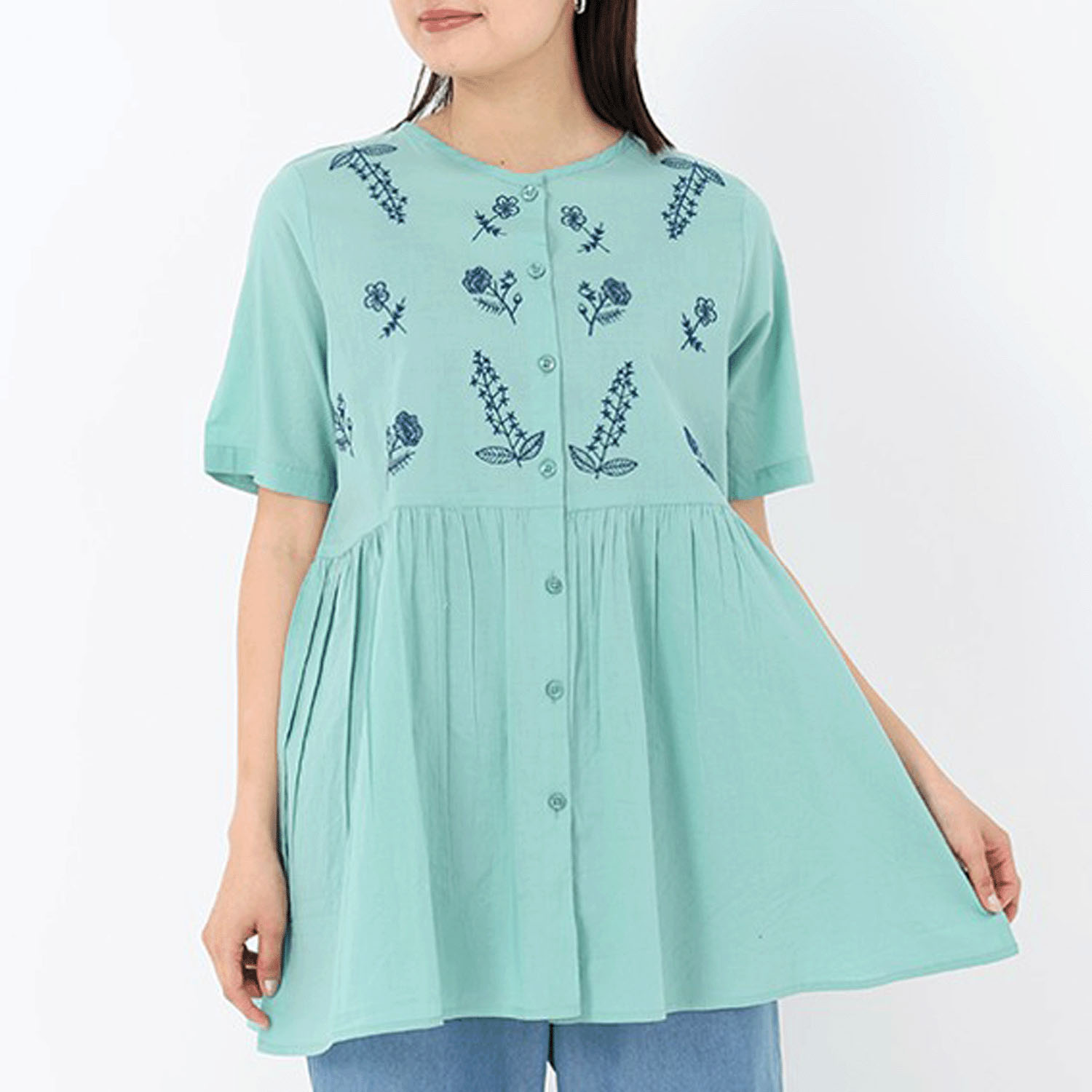 T’BIS STUDIO ハンド風刺繍フレアー半袖ロングブラウス