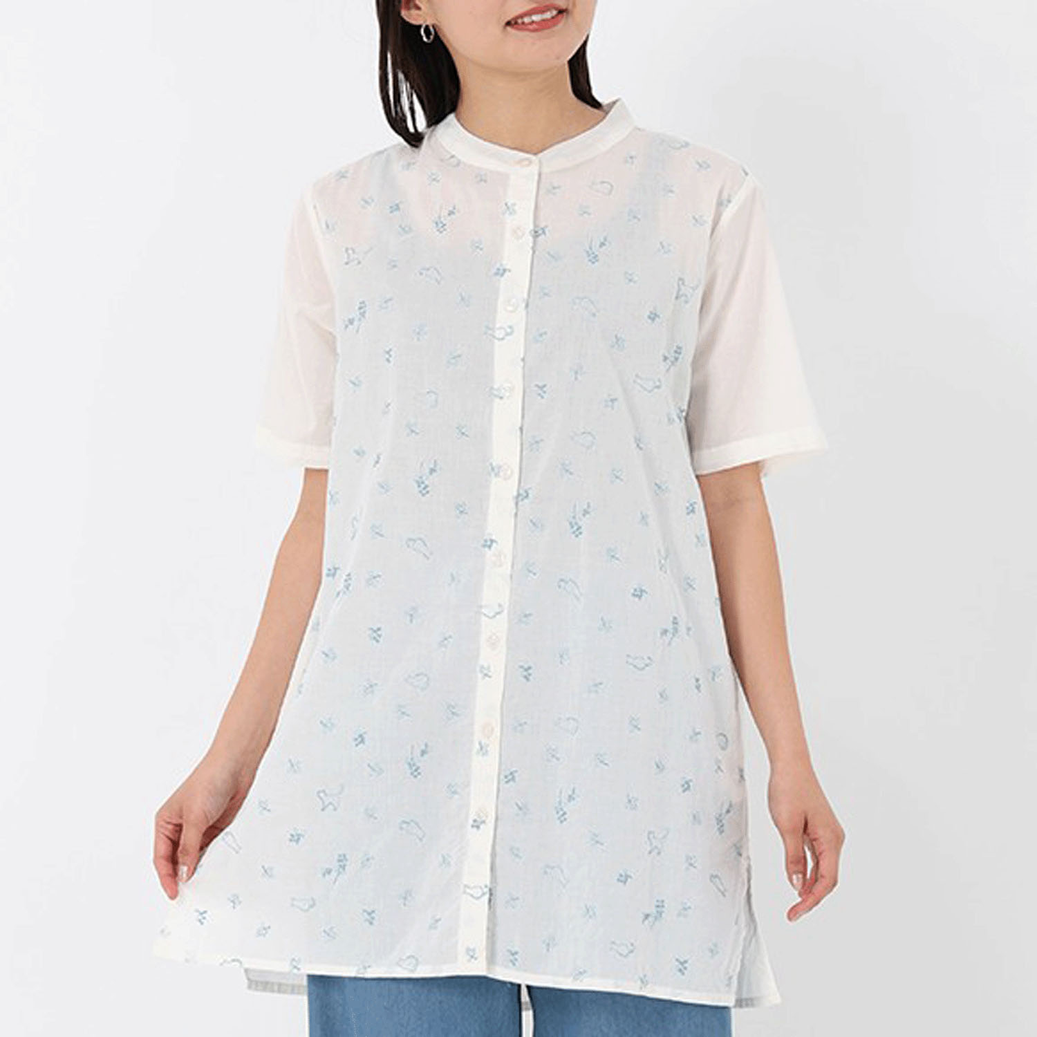 T’BIS STUDIO ネコ刺繍スタンドネックチュニックシャツ