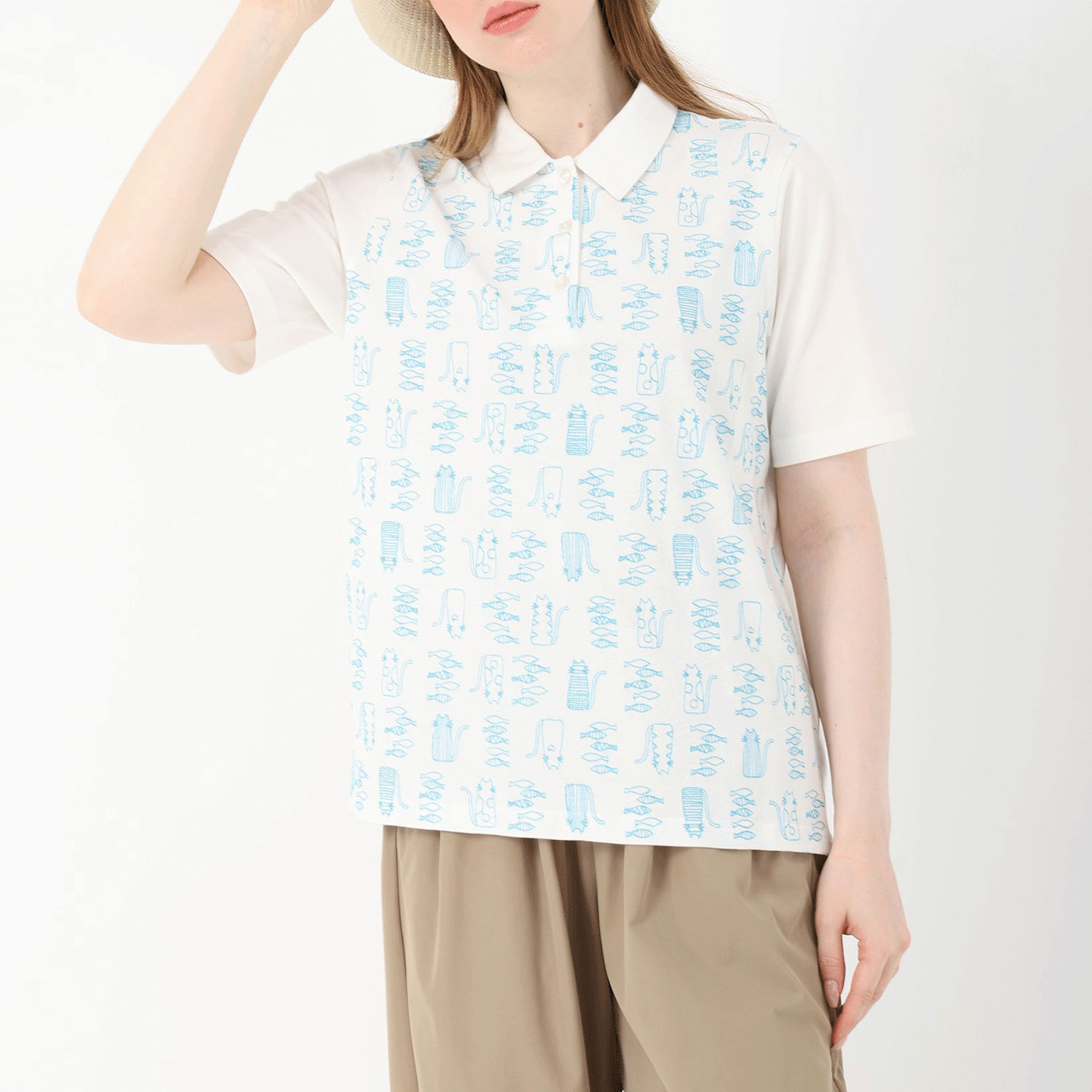 T’BIS STUDIO 半袖半身ネコ＆フィッシュ刺繍ポロシャツ