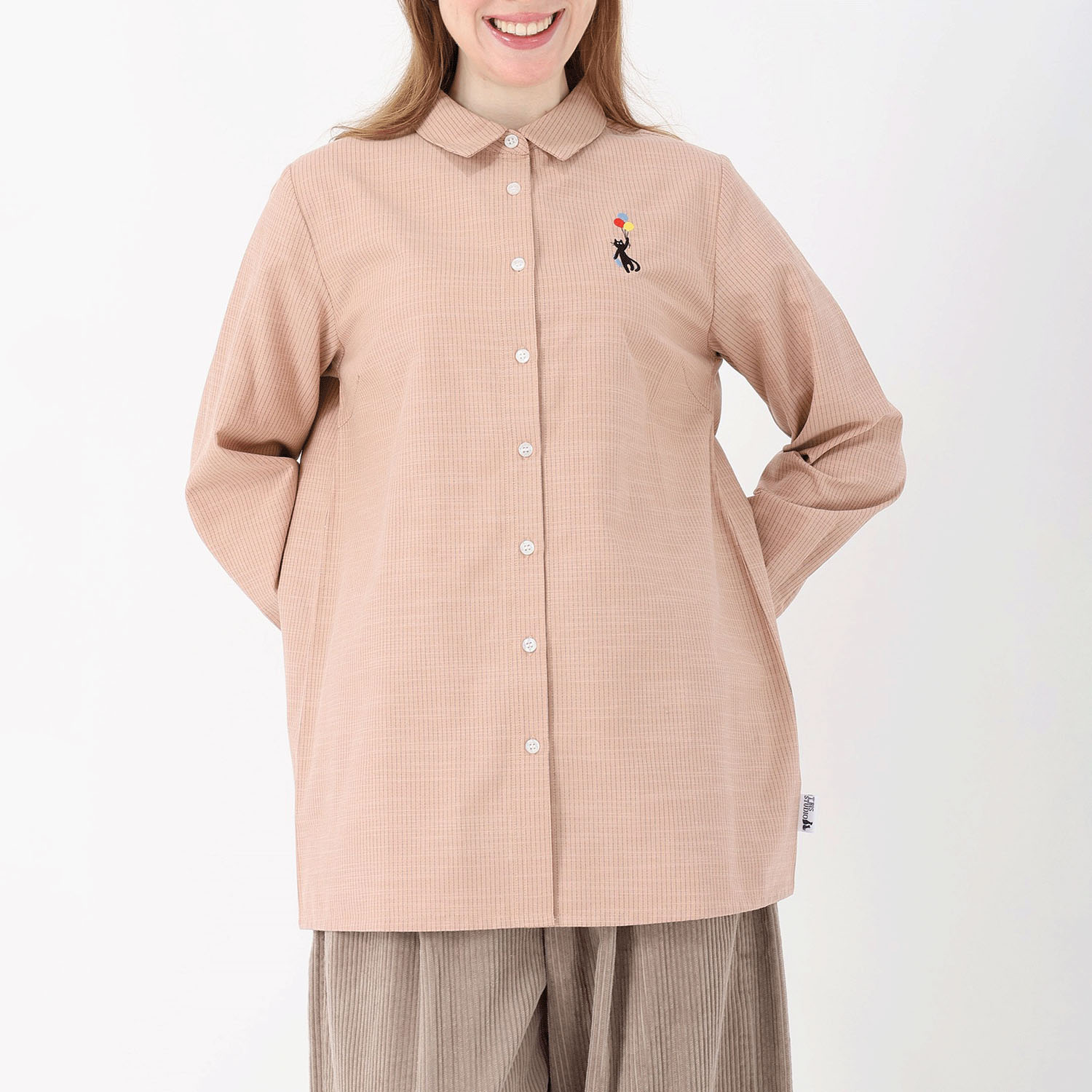 T’BIS STUDIO 風船ネコ刺繍チュニック丈ストライプシャツ