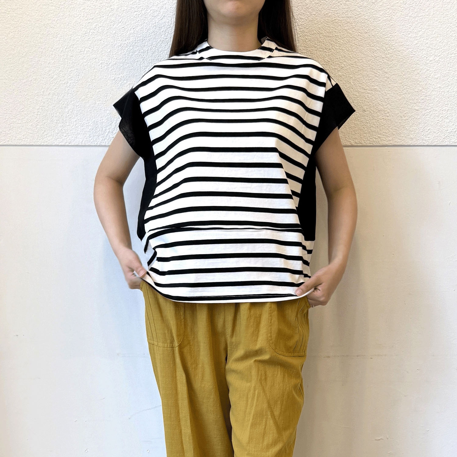 袖シフォン切替ボーダーTシャツ