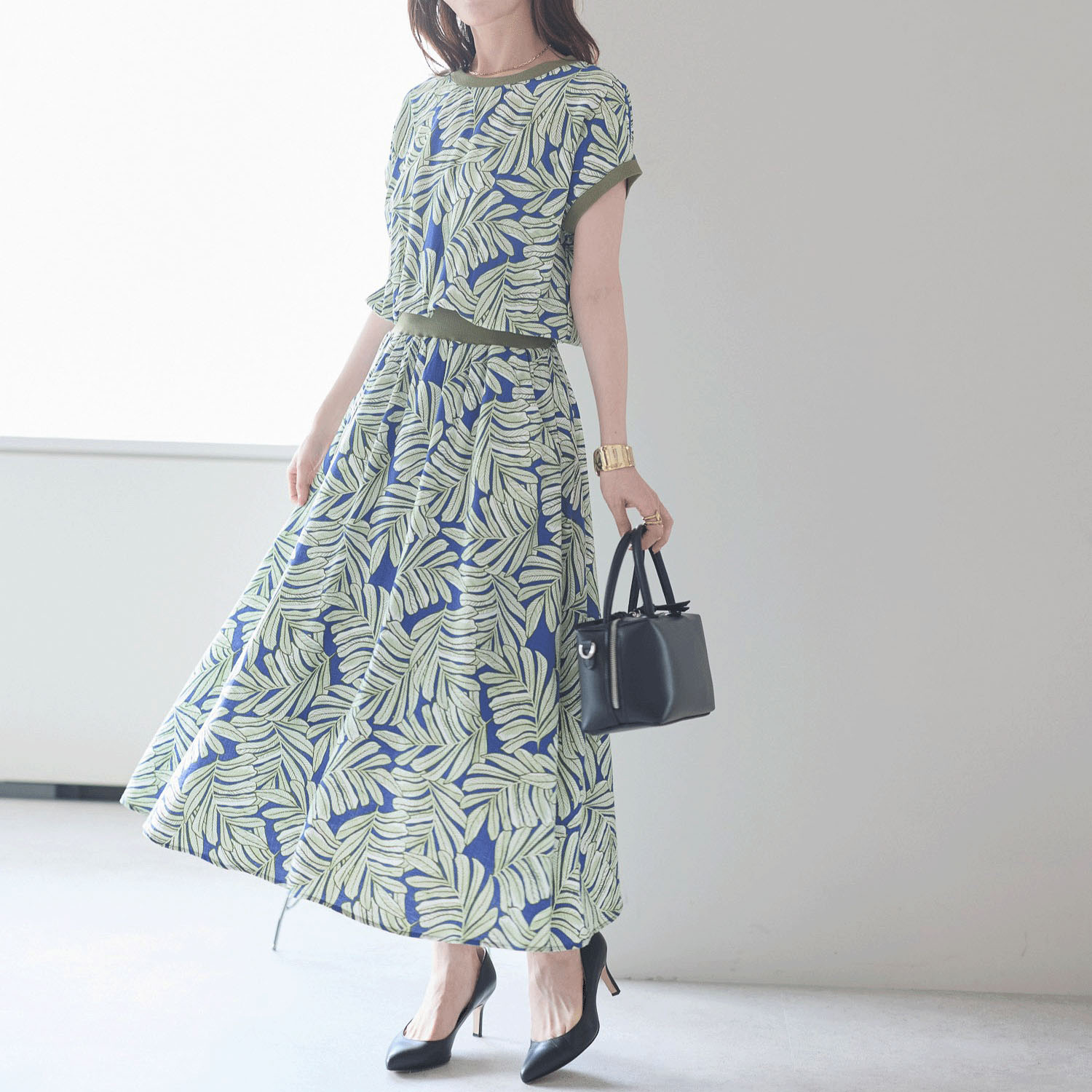 【お取り寄せ】 PREFERIR リーフプリントリブ付ワンピース