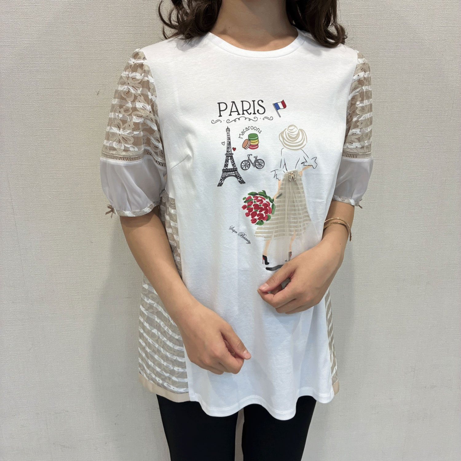 Super Beauty ボーダー柄レース切替ParisプリントロングTシャツ
