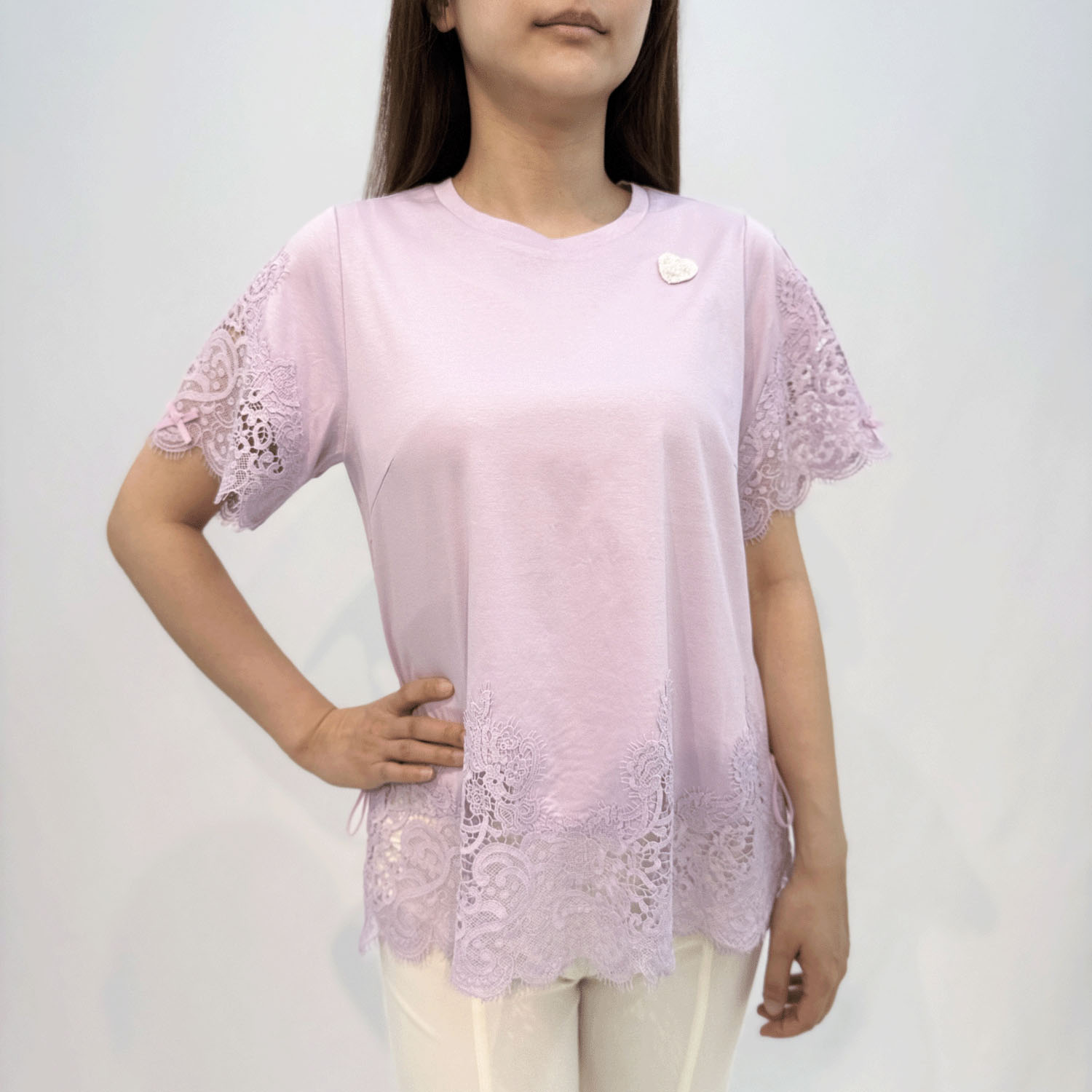 Super Beauty 袖×裾レース切替 リボン付きTシャツ