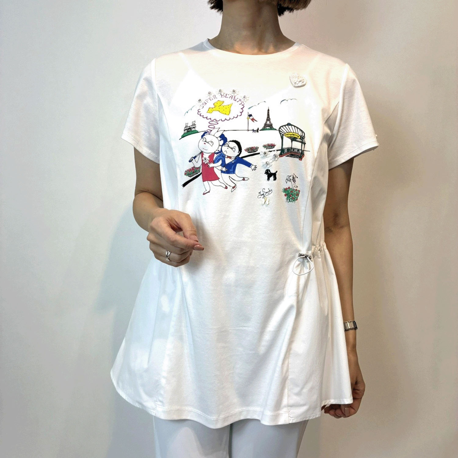 Super Beauty ラビットイラスト ドローストリングギャザーデザインロングTシャツ