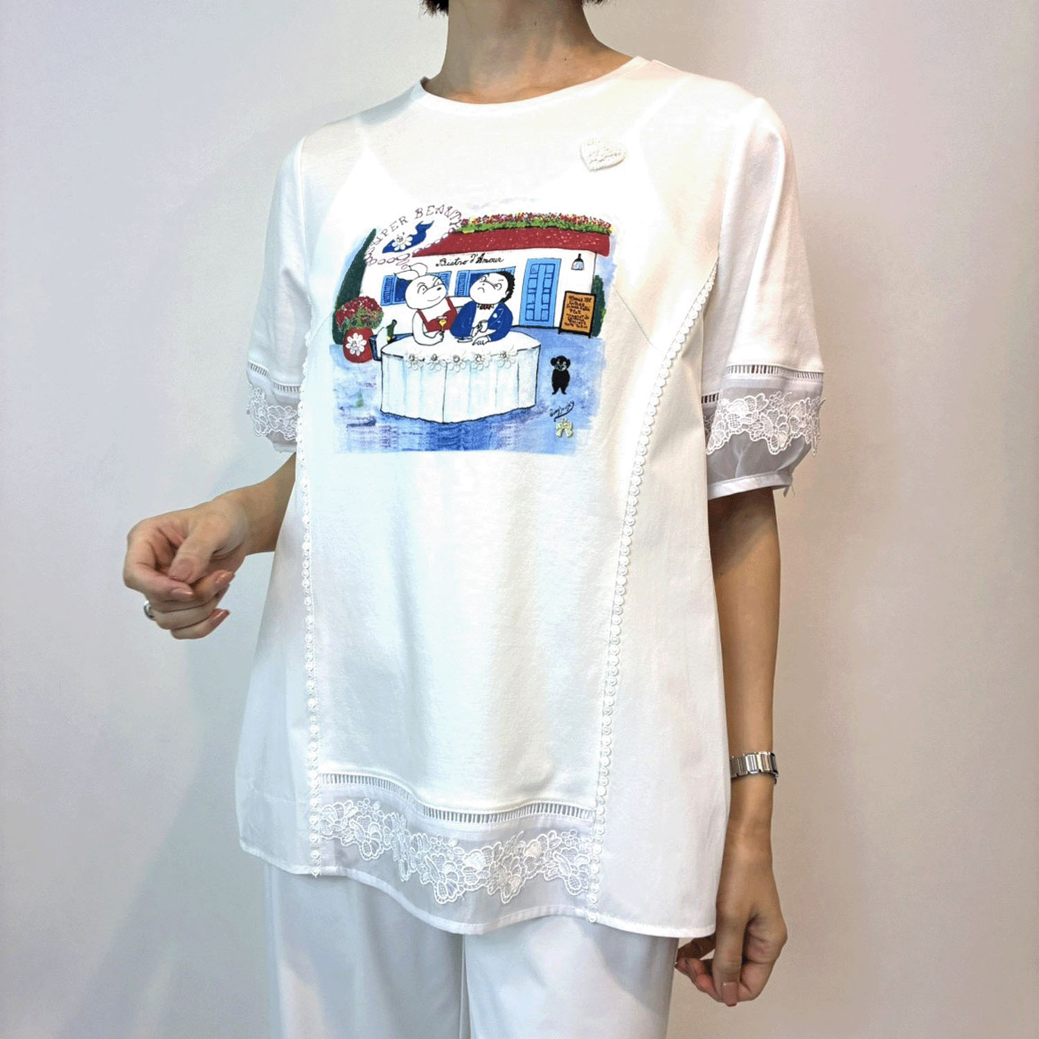 Super Beautyラビットイラスト 裾レース切替パフ袖ロングTシャツ