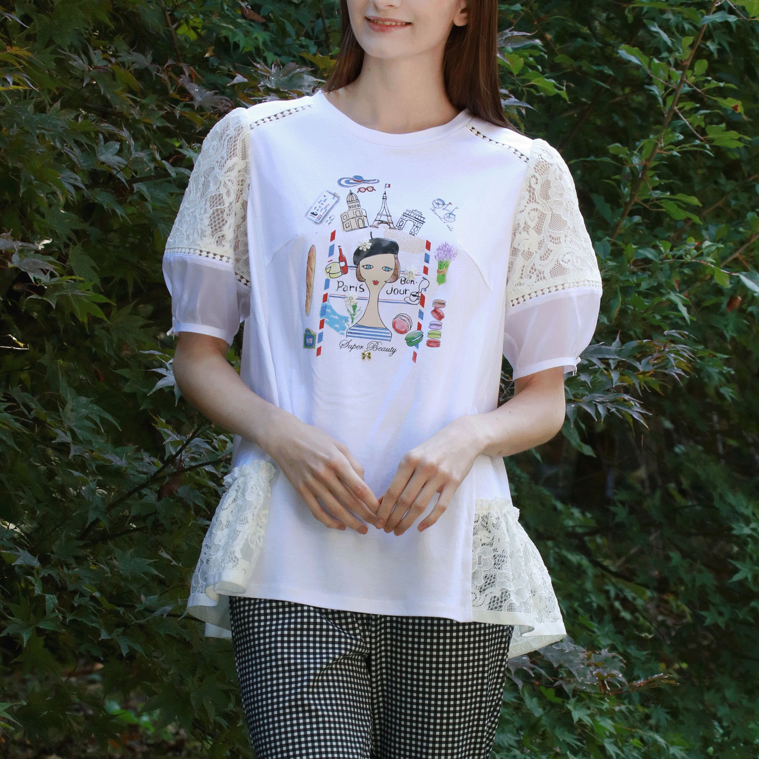 Super Beauty 胸元Parisモチーフプリント レース切替×パフ袖ロングTシャツ