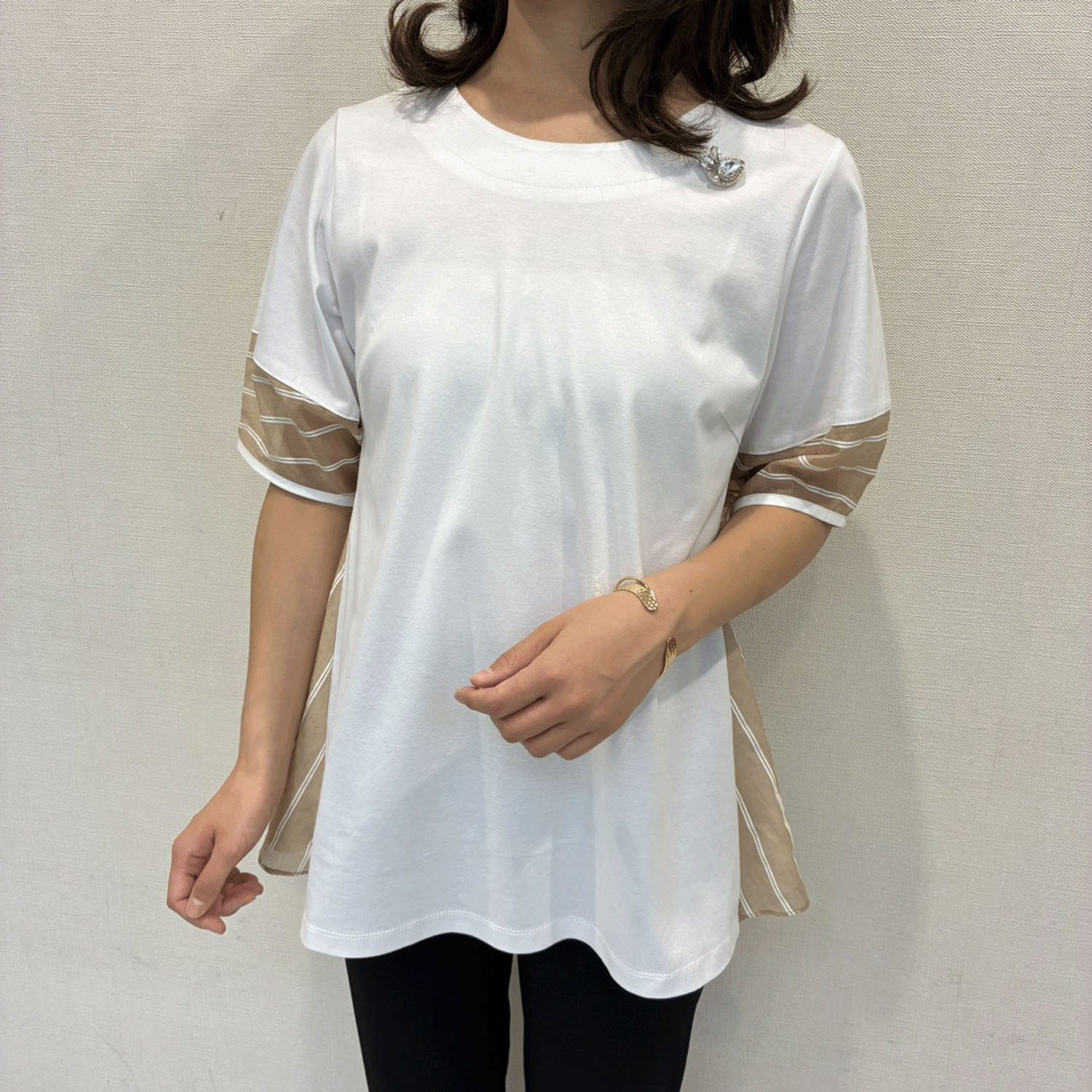 Super Beauty 袖先×バックスタイル異素材ドッキングロングTシャツ