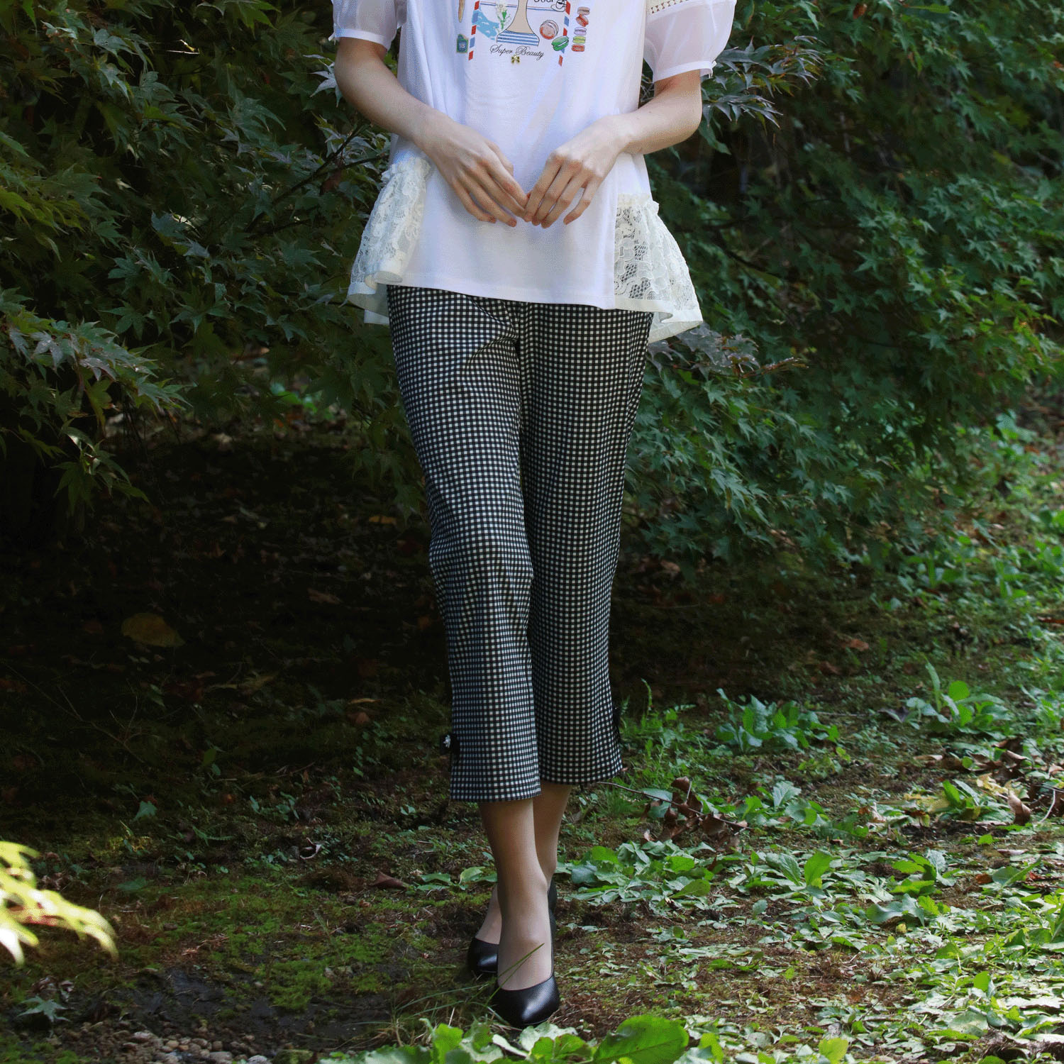 Super Beauty リボン×花モチーフ付サイドスリットギンガムチェック素材パンツ