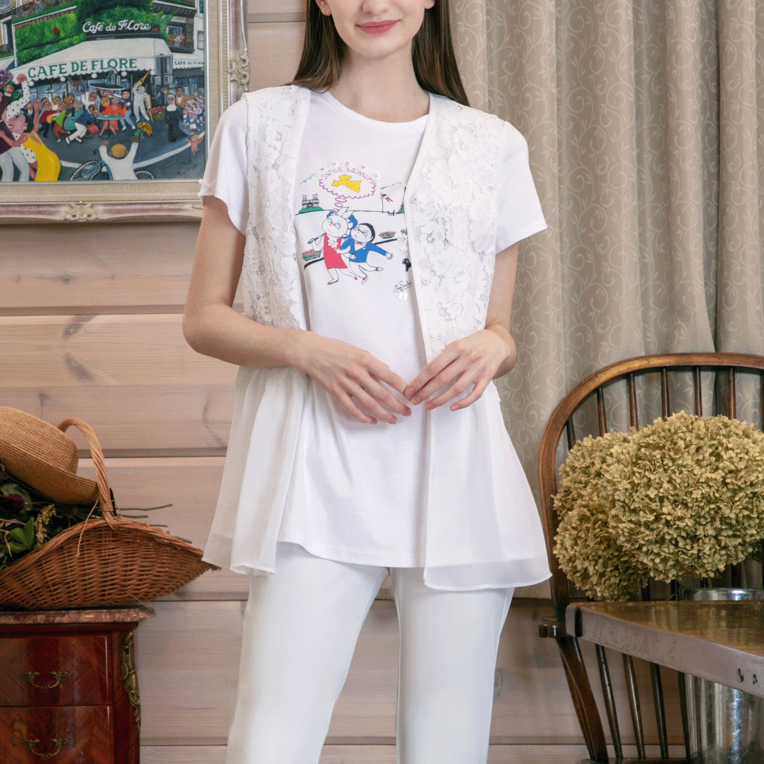 Super Beauty レース×シフォン切替ノースリーブブラウス