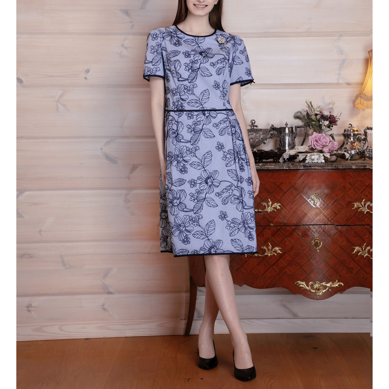 Super Beauty ストライプ柄×花フロッキープリント半袖ワンピース