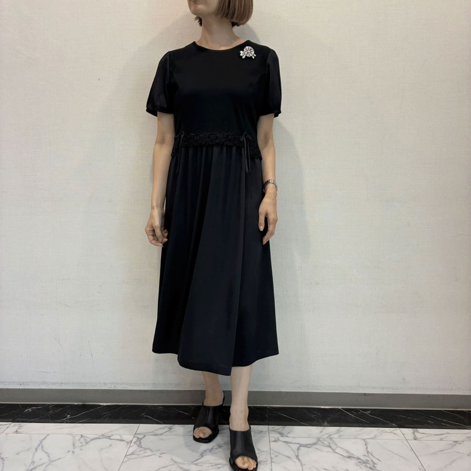 Super Beauty ウェストレース使い異素材切替ワンピース