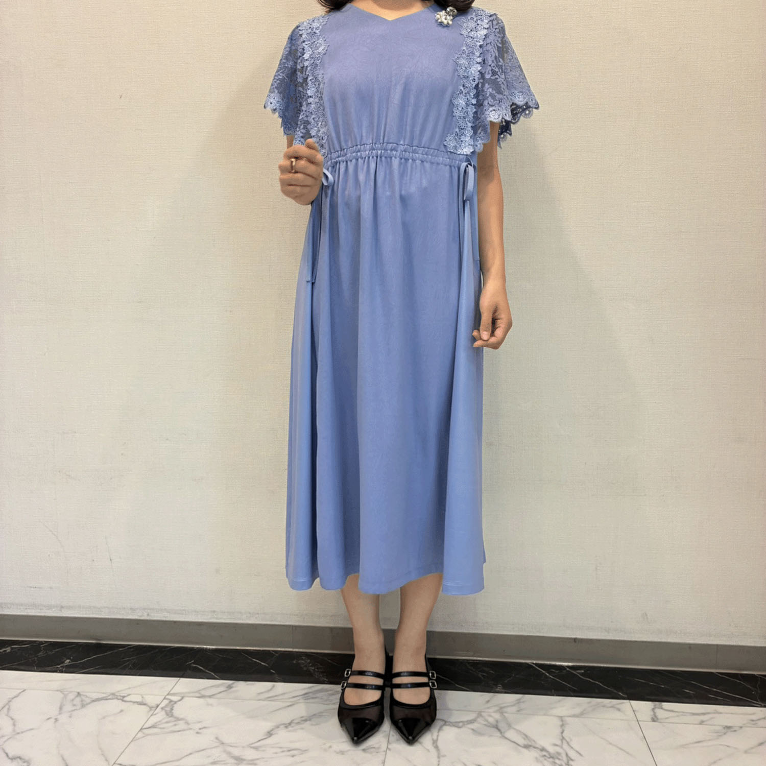 Super Beauty ウェストギャザリング袖レースフレンチデザインワンピース