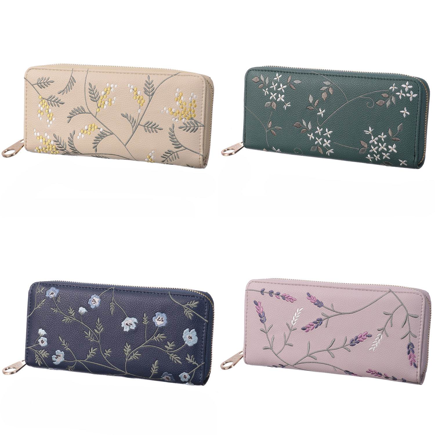 プチブーケ刺繍ラウンドファスナー長財布