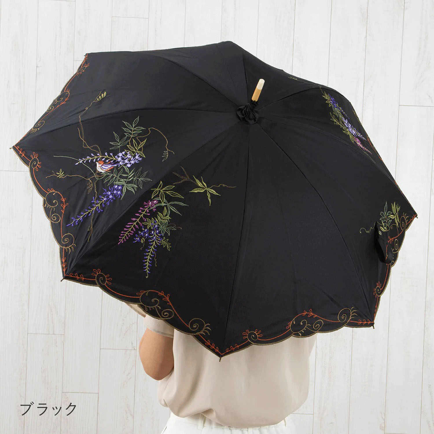 完全遮光 （晴雨兼用）女優日傘 「藤花刺繍かわず張り」