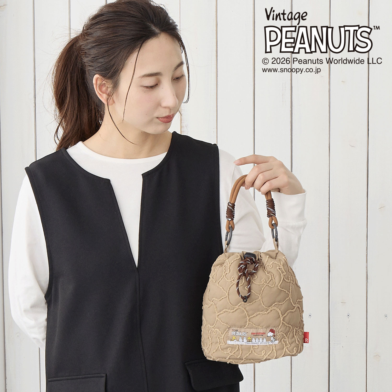 PEANUTS スヌーピーキルト巾着型ショルダーバッグ