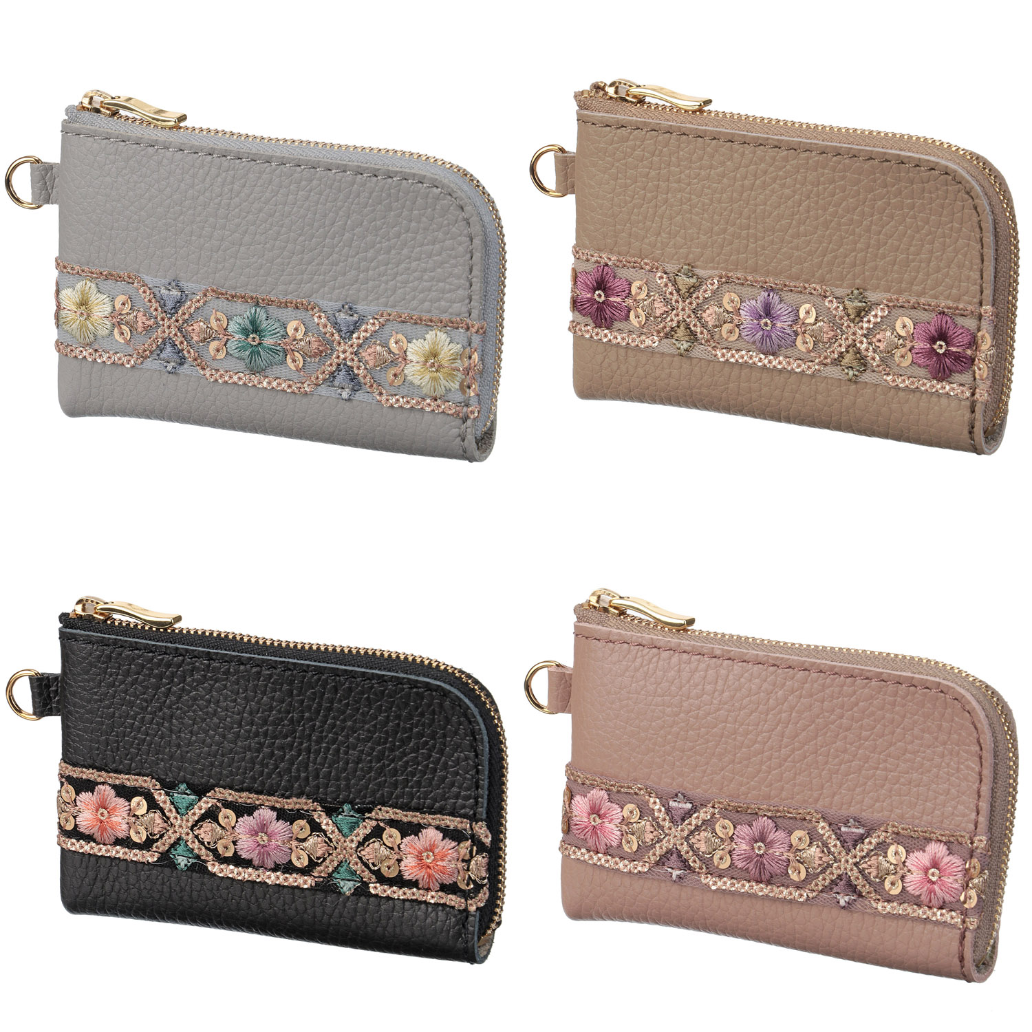 イタリアンレザー×インド刺繍テープポーチ