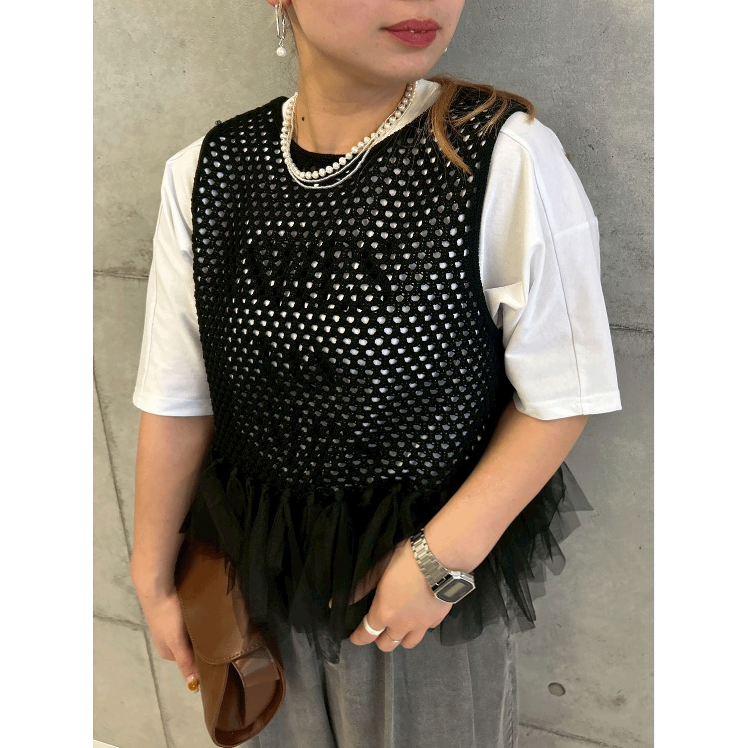 【InstaLive】ROSIEE 裾チュールメッシュニットベスト