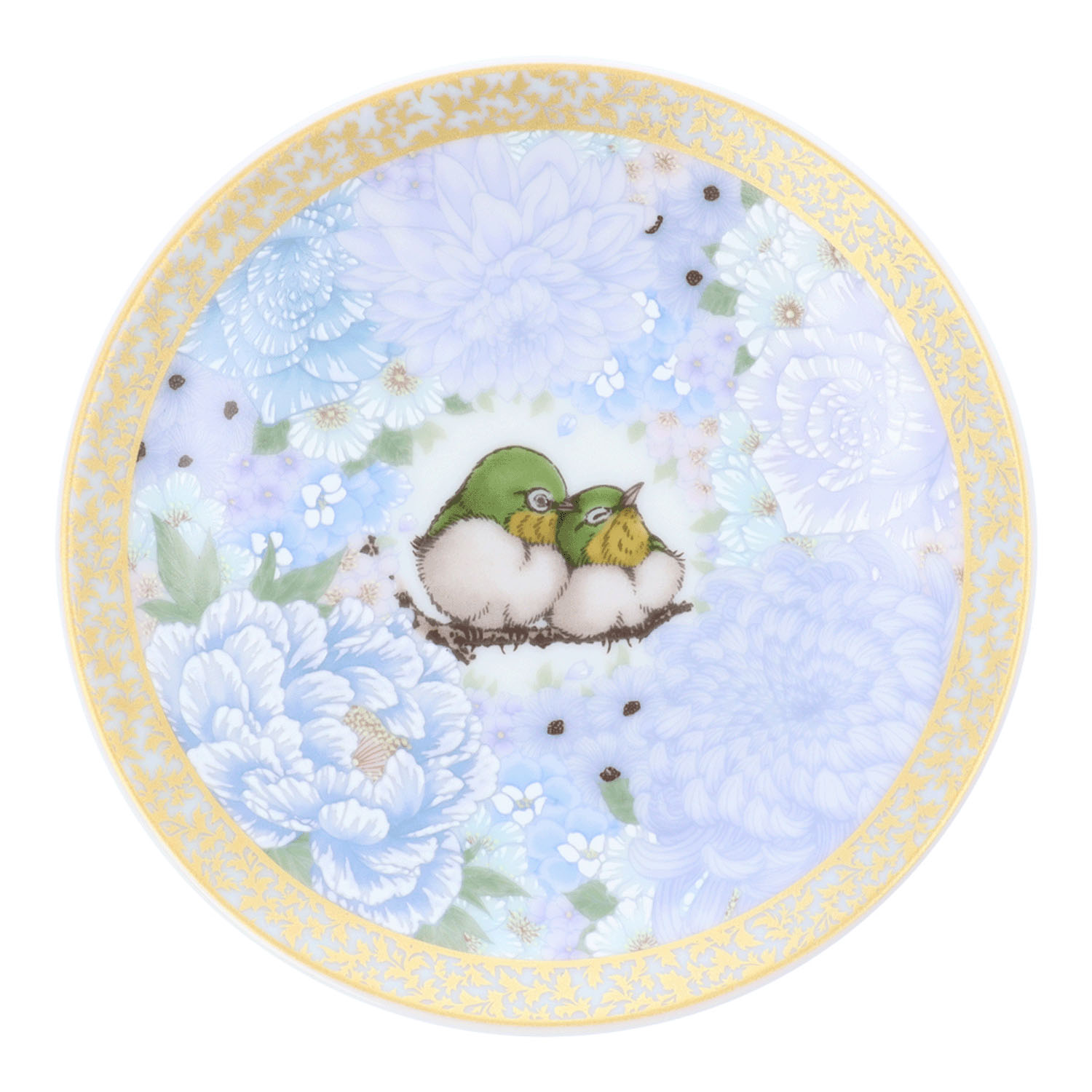 九谷アート小皿「花詰薄花色に目白」 監修： 河田里美